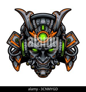 Cyberpunk samurai mask illustration with neon details, mechanical elements and futuristic design. Perfect for streetwear, tattoo art, posters and gaming graphics. Vector EPS10 graphics. Stock Vector
