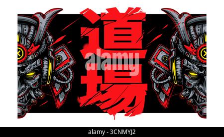 Horizontal banner with futuristic cyber samurai masks. Japanese word mean place of practice. Bold concept for banners, posters, web headers. Vector art. Stock Vector