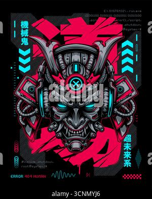 Futuristic cyber samurai mask with digital noise and broken code. Japanese words mean mechanical demon, ultra futuristic, training hall. Bold concept for apparel and posters. Vector art. Stock Vector