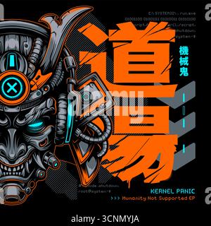 Futuristic cyber samurai mask and digital noise. Japanese words meaning mechanical demon, place of practice. Bold, edgy design for album covers, digital music artwork. Vector art. Stock Vector