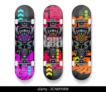 Collection of skateboard decks with cyber samurai mask design, neon futuristic style, Japanese text Machine Demon, Super Future Style, Way. Vector EPS10 graphics. Stock Vector