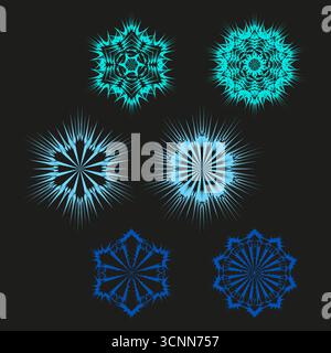 Abstract star shapes. Symmetrical glowing elements. Colorful light rays. Vector decorative ornaments. EPS 10. Stock Vector