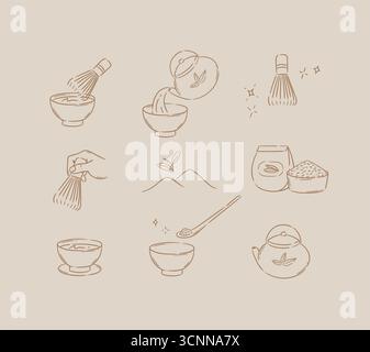 Matcha tea symbols teapot, whisk, bowl, plantation, cup, ceremony drawing with brown color on beige background Stock Vector