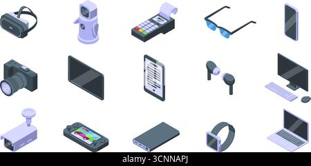 Isometric electronic gadgets. Ebook tablet laptop smartphone cvr camera smart watch. Cute 3d android robot. Technology devices, nifty vector set origi Stock Vector