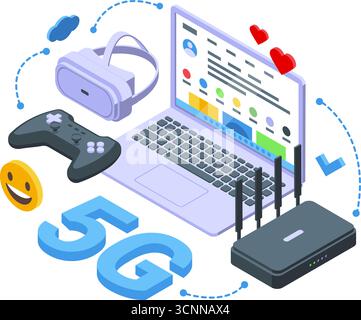 5g internet technology. Global network, one user account for gaming on laptop and game console or ai helmet. Broadband hotspots wifi nifty vector scen Stock Vector