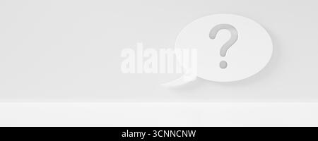 Single white speech bubble with question mark on bright white room background with copy space, idea, solution or question or communication business co Stock Photo