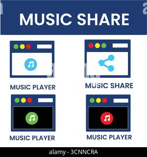 Music Share Icon Set – Download Vector Icons for Music Sharing & Audio Apps Stock Vector