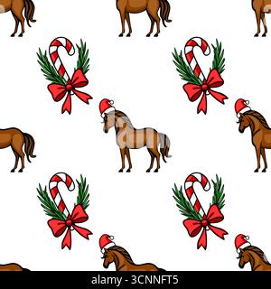 Seamless vector Christmas pattern featuring brown horses wearing Santa hats and candy cane with bow decorations on a white background, perfect for fes Stock Vector