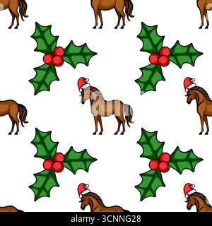 Seamless vector pattern featuring a brown horse wearing a Santa hat and holly berries, creating a festive Christmas design ideal for wrapping paper, c Stock Vector