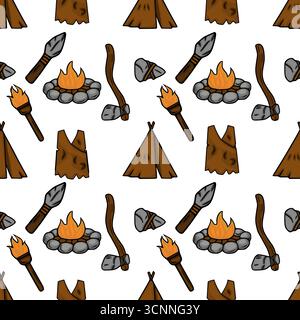 Seamless vector pattern featuring hand-drawn illustrations of Stone Age tools, clothing, and a campfire, rendered in a cartoon style with brown and gr Stock Vector