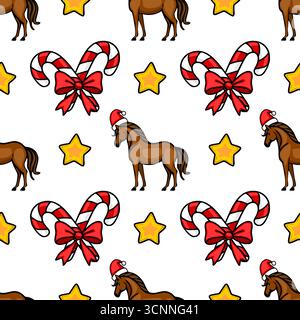 Seamless vector Christmas pattern featuring brown horses wearing Santa hats, candy canes with red bows, and golden stars on a white background, creati Stock Vector