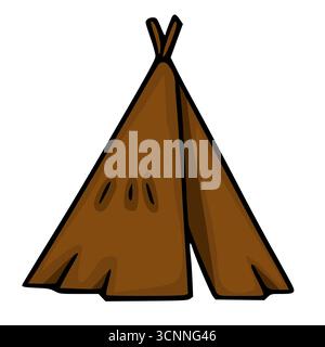 A whimsical vector illustration of a brown teepee, featuring a unique hand-drawn style with three distinct circular openings, set against a clean whit Stock Vector