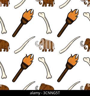 Seamless vector pattern featuring hand-drawn illustrations of woolly mammoths, ancient torches, and mammoth tusks and bones, creating a prehistoric-th Stock Vector