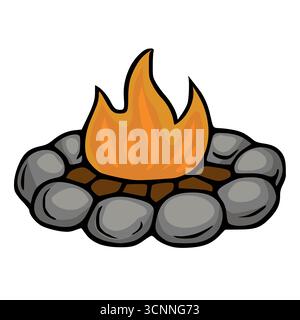 A whimsical vector illustration of a campfire nestled within a ring of grey stones, featuring vibrant orange flames with bold black outlines, creating Stock Vector