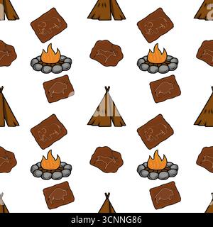 Seamless vector pattern featuring prehistoric cave paintings of mammoths and bison, a campfire scene, and a tipi tent, rendered in a simplistic, brown Stock Vector