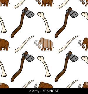 Seamless vector pattern featuring hand-drawn illustrations of woolly mammoths, stone-age axes, and mammoth bones, creating a prehistoric-themed design Stock Vector