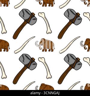 Seamless vector pattern featuring hand-drawn illustrations of woolly mammoths, stone axes, and mammoth bones, creating a prehistoric-themed design. Stock Vector