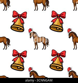 Seamless vector pattern featuring brown horses wearing Santa hats and golden bells with red bows, creating a festive Christmas design. Stock Vector