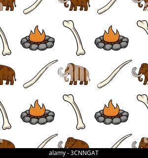 Seamless vector pattern featuring woolly mammoths, campfire, and mammoth bones, illustrated in a hand-drawn style with brown and beige tones against a Stock Vector