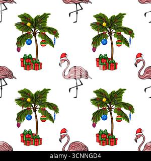 Seamless vector pattern featuring pink flamingos wearing Santa hats and decorated palm trees with Christmas ornaments and gifts, creating a unique tro Stock Vector