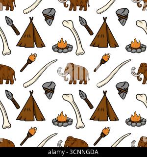 Seamless vector pattern featuring hand-drawn illustrations of woolly mammoths, stone-age tools, tents, and campfires, creating a prehistoric scene. Stock Vector