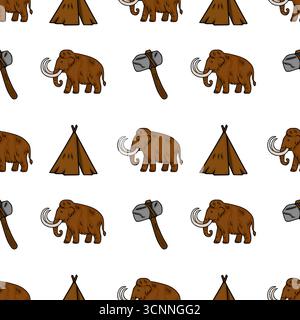 Seamless vector pattern featuring hand-drawn illustrations of woolly mammoths, stone-age tents, and primitive axes, rendered in a brown and white colo Stock Vector