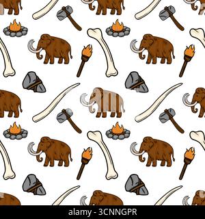 Seamless vector pattern featuring hand-drawn illustrations of woolly mammoths, stone-age tools, bones, and campfires, creating a prehistoric theme wit Stock Vector
