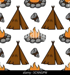 Seamless vector pattern featuring hand-drawn illustrations of teepees, campfires encircled by stones, and primitive stone tools, creating a whimsical Stock Vector