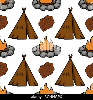 Seamless vector pattern featuring hand-drawn teepees, campfires with stone rings, and petroglyph-style rock carvings, creating a primitive camping sce Stock Vector