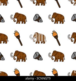 Seamless vector pattern featuring hand-drawn woolly mammoths, stone tools, and burning torches, creating a prehistoric, cartoonish aesthetic with brow Stock Vector