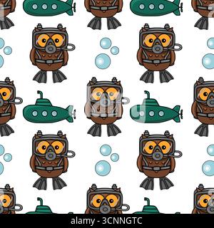 Seamless vector pattern featuring adorable scuba diving owls and mini submarines, creating a playful underwater adventure scene with teal and brown co Stock Vector