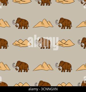 Seamless vector pattern featuring hand-drawn mammoths and stylized sand dunes in a repeating design, showcasing a unique blend of prehistoric animals Stock Vector