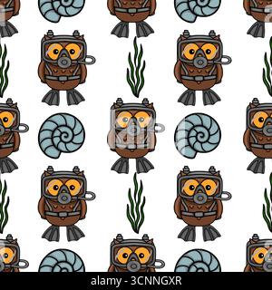 Seamless vector pattern featuring adorable cartoon owls in scuba gear, alongside seashells and seaweed, creating a playful underwater adventure theme. Stock Vector