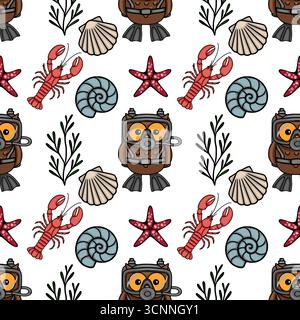 Seamless vector pattern featuring a scuba-diving owl, sea stars, lobsters, ammonites, scallops, and seaweed, creating a playful underwater adventure t Stock Vector