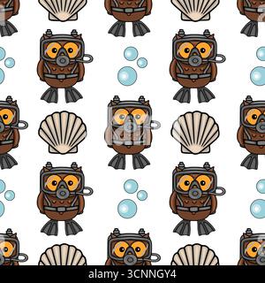 Seamless vector pattern featuring adorable cartoon owls scuba diving, complete with diving gear, alongside seashells and bubbles, creating a playful u Stock Vector