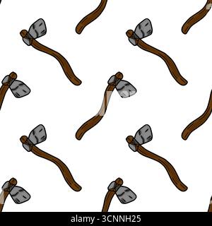 Seamless vector pattern featuring hand-drawn illustrations of primitive stone axes with brown wooden handles against a white background, creating a pr Stock Vector
