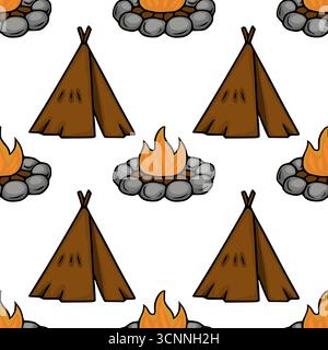Seamless vector pattern featuring hand-drawn teepees and campfires encircled by grey stones, creating a playful yet rustic camping scene perfect for t Stock Vector