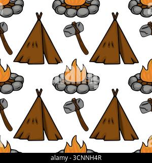 Seamless vector pattern featuring hand-drawn illustrations of teepees, stone axes, and campfires, creating a primitive camping scene with warm, earthy Stock Vector