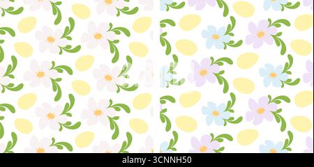 Stylized Chamomile and leaves and Golden Eggs Seamless Pattern Easer or Spring Floral Background Set. Isolated Vector illustration Seasonal Thematic Cards Backdrop Party Invite Banners, leaflets, tag Stock Vector
