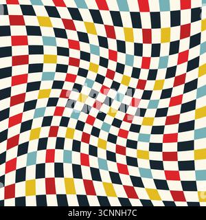 Hypnotic geometric background with checkerboard inspired design. Squares in retro colors, creating a bold optical illusion effect, groovy funky psyche Stock Vector