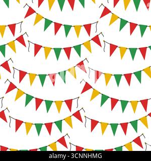 Colorful Triangular Pennant Garland on rope Seamless Pattern in Pan African Colors Kwanzaa Backdrop. Isolated Vector illustration Kwanzaa or Birthday Cards Fond Party Invite Banners, leaflets, labels Stock Vector