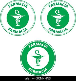 Green farmacia labels with the draw of a snake and a cup on a white background (trad. pharmacy) Stock Vector