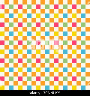 Hypnotic geometric background with checkerboard inspired design. Squares in retro colors, creating a bold optical illusion effect, groovy funky psyche Stock Vector