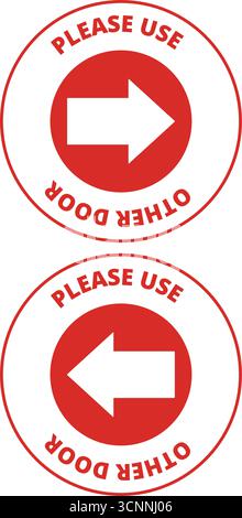 Red and white please use other door with a directional arrow round sign Stock Vector