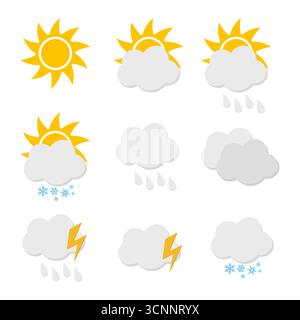 Weather Icons Collection. Sun, Clouds, Rain, Snow and Storm Symbols. Perfect for weather forecasts, websites, mobile interfaces, climate graphics. Stock Vector