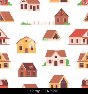 Village wooden cabins seamless pattern. Cartoon countryside houses with green bushes. Print for fabric, wallpaper, wrapping, vector buildings backgrou Stock Vector