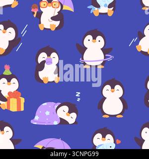 Funny penguins seamless pattern. Cartoon penguin different poses. South pole animals training with hula hoop, eating ice cream, vector background orig Stock Vector