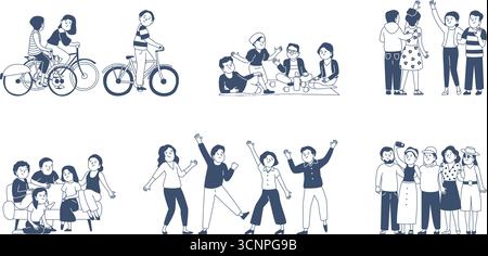 Doodle best friends. Young adults dancing, talking on picnic or on sofa, riding bicycle. People group taking photo on smartphone, recent vector scenes Stock Vector