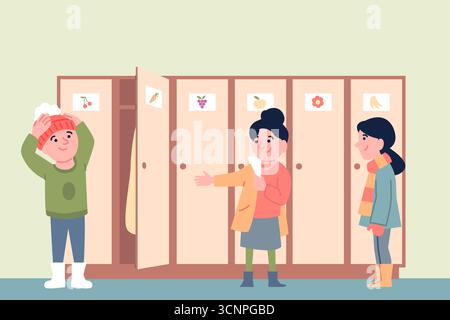 Children dress up near lockers. Kids changing clothes in kindergarten or elementary school, dressing up for walking outside, flat recent vector scene Stock Vector