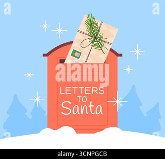 Red mailbox for Santa Claus letters. Postcard with decorative envelope in mail box. Christmas and New Year winter holidays background, vector scene or Stock Vector